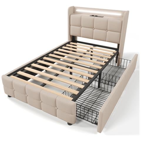 Letto Singolo Beige Con Porte Usb Integrate, Led E Due Cassetti Pratici - Foto 3