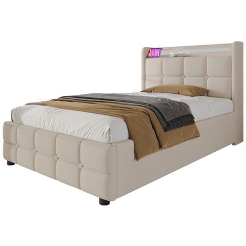 Letto Singolo Beige Con Porte Usb Integrate, Led E Due Cassetti Pratici - Foto 1