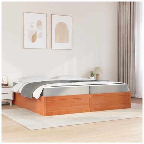 Letto Con Materasso Marrone Cera 200x200cm Legno Massello Pino - Foto 3