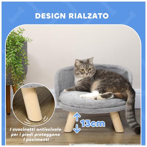 Divano per Gatti e Cani Rotondo in Peluche e Legno con Cuscino Extra, Ø40.5x33 cm, Grigio - Foto 2