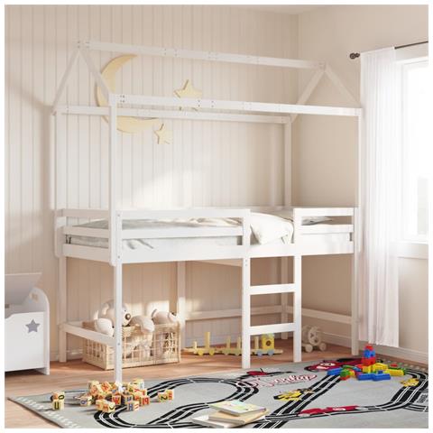 Tetto Letto Per Bambini In Legno Massello Di Pino, Design A Doghe, Dimensioni 199x95.5x88 Cm, Per Creare Un Angolo Giochi Nella Cameretta