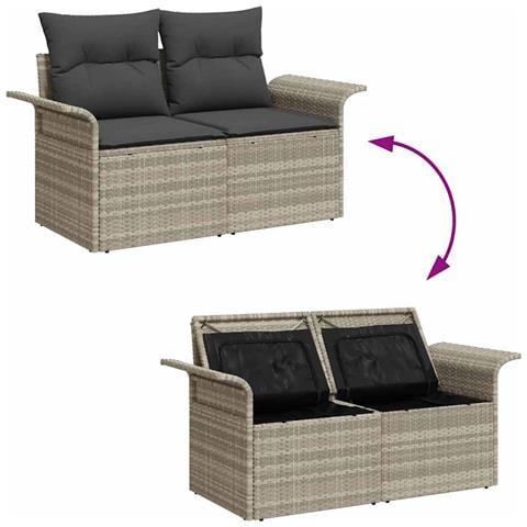 Divano da giardino a 2 posti con spazio di archiviazione e cuscini, Grigio chiaro in polyrattan - Foto 9