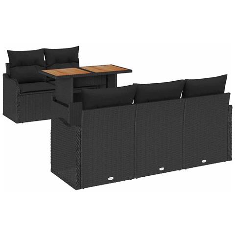 Set di Divani da Giardino  da 6 Pezzi con Cuscini Nero Polyrattan Acacia, Divano da Giardino  da 2 Posti con Cuscini Nero Polyrattan - Foto 1