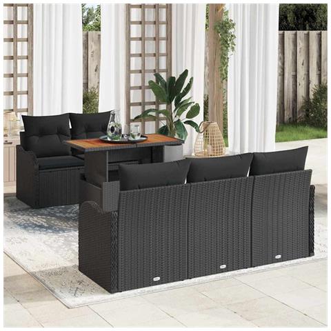Set di Divani da Giardino  da 6 Pezzi con Cuscini Nero Polyrattan Acacia, Divano da Giardino  da 2 Posti con Cuscini Nero Polyrattan - Foto 2