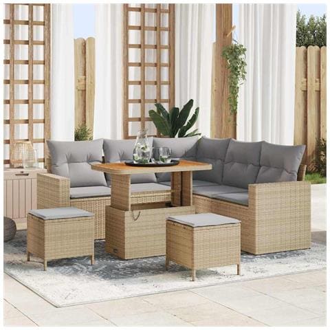 Set di divani da giardino vitaXL 8 pezzi con cuscini Beige Poly Rattan Acacia, Set da pranzo da giardino vitaXL 3 pezzi con cuscini Beige Poly Rattan Acacia - Foto 2