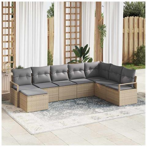 Set Divano da Giardino 8 Pezzi con Cuscini Beige in Rattan Sintetico,  Divano da Giardino 2 Posti con Cuscini Beige in Rattan Sintetico - Foto 2