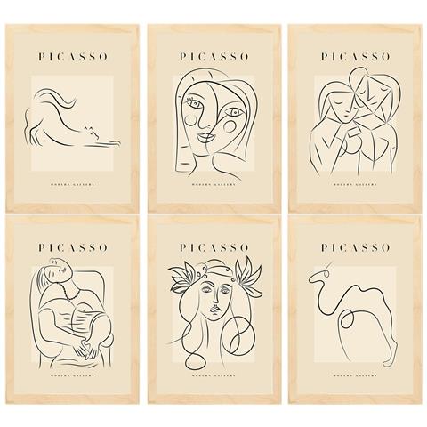 Set Di 6 Stampe Künstlerischen Illustrationen Von Pablo Picasso Weiblich Sammlung Von Dekorationsgemälden Im Kunstgalerie Rahmen Aus Hellem Holz A3 Telaio In Legno Chiaro - Foto 1