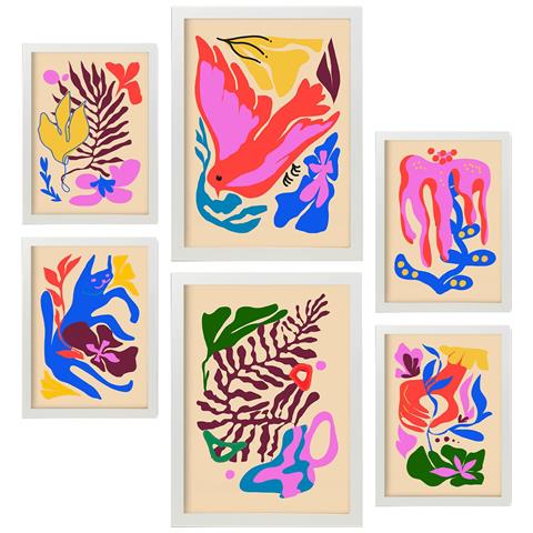 Set Di 6 Stampe Pittoreschi 3 Dipinti Decorativi Astratti Con Fiori Per Il Tuo Soggiorno, Camera Da Letto, Casa A3 & A4 Cornice Bianca - Foto 1