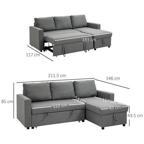 Divano Letto 3 Posti E Penisola Con Contenitore, Rivestimento Tessuto Effetto Lino, 211.5x146x85cm - Foto 6