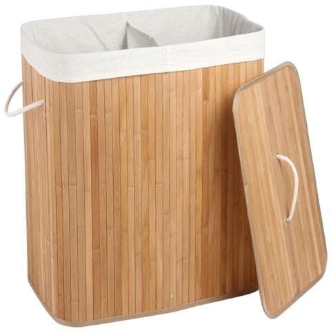Cesto Portabiancheria Xl Con Coperchio - Bambù - 2 Scomparti - Raccoglibiancheria - 2 Sacchi Portabiancheria In Cotone Lavabile - Manici - 100 Litri - Foto 1