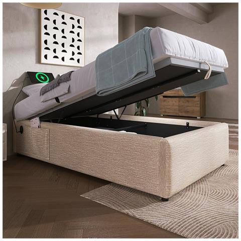 Letto Contenitore Letto Imbottito Singolo 90×190 Cm, Senza Testata, Lino, Naturale, Senza Materasso - Foto 1