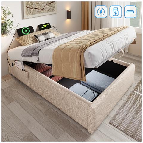 Letto Contenitore Letto Imbottito Singolo 90×190 Cm, Senza Testata, Lino, Naturale, Senza Materasso - Foto 2