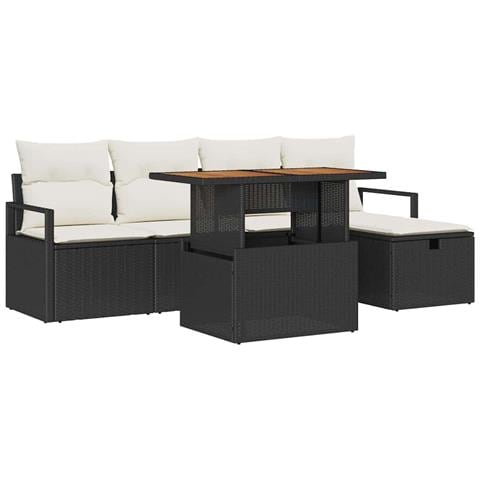 Set di Divani da Giardino  da 6 Pezzi con Cuscini Nero Polyrattan, Divano da Giardino a 2 Posti  con Cuscini Nero Polyrattan - Foto 1