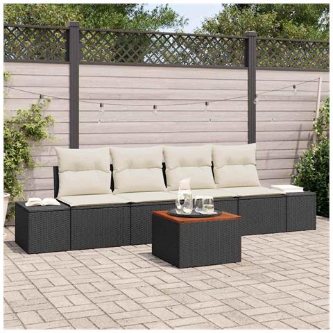Set di Divani da Giardino a 5 Pezzi con Cuscini Nero Poly Rattan Acacia - Foto 2