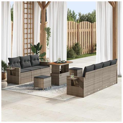 Set Divano da Giardino  da 10 pezzi con Cuscini Grigio Rattan Acacia, Set da Pranzo da Giardino  da 3 pezzi con Cuscini Grigio Rattan Acacia - Foto 2