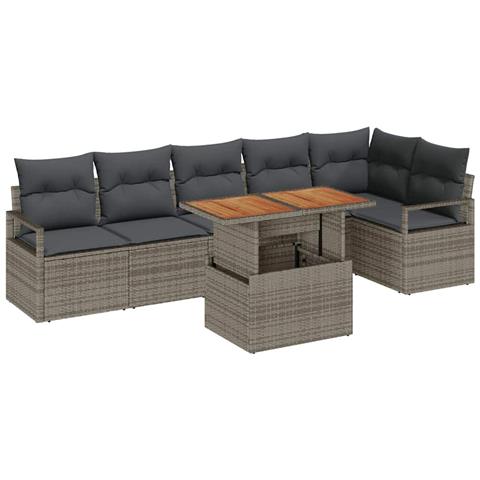 Set Divano Giardino 7 Pezzi con Cuscini Grigi Polyrattan Acacia, Divano Giardino 2 Posti con Cuscini Grigi Polyrattan - Foto 1