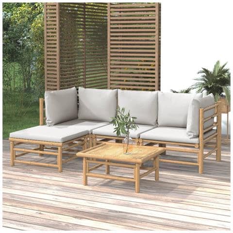 Set Salotto da Giardino 5pz con Cuscini Grigio Chiaro Bambù - Foto 2