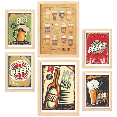 Set Di 6 Stampe Cartelli Per Birra, Illustrazioni A Colori Di Caffè E Bevande In Cartelloni Pubblicitari A3 & A4 Telaio In Legno Chiaro - Foto 1