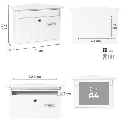 Deco E5701 Cassetta Postale Individuale In Acciaio, Cassetta Della Posta Da Parete, Fondo Stretto, Dimensione M (din A4 E Riviste), Bianco - Foto 2