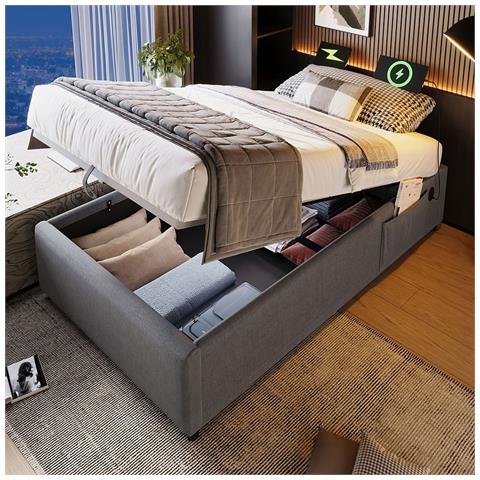 Letto Contenitore Letto Imbottito Singolo 90×190 Cm, Senza Testiera, Cotone, Grigio, Senza Materasso - Foto 1