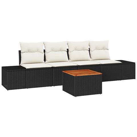 Set di Divani da Giardino a 5 Pezzi con Cuscini Nero Polyrattan Acacia - Foto 1