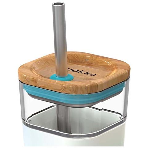 Bicchiere In Vetro 540 Ml Con Cannuccia Inox E Coperchio Bambù, Blu - Foto 5