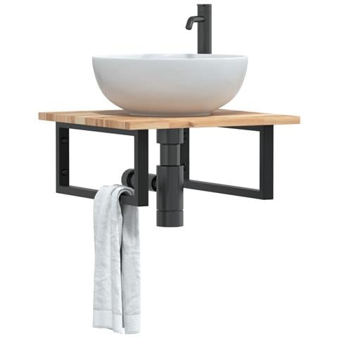 Ripiano a Parete per Lavabo in Acciaio e Massello di Acacia - Foto 2