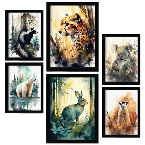Set Di 6 Stampe Illustrazioni Di Animali In Paesaggi Naturali Immersi Nella Foresta, Design D'interni Realistico In Stile Acquerello A3 & A4 Cornice Nera - Foto 1