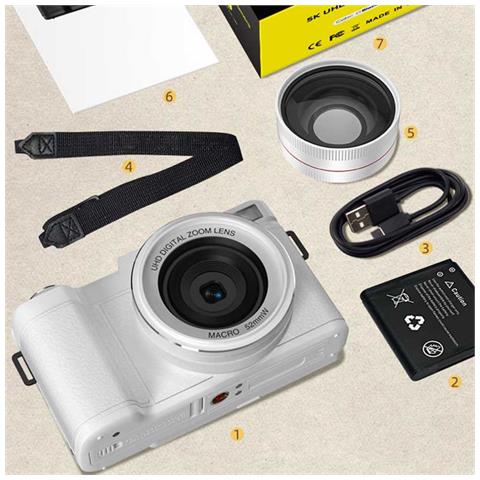 Fotocamera Digitale 5k Ultra Hd 64mp Wifi Con Schermo Ribaltabile E Obiettivo Macro White - Foto 7