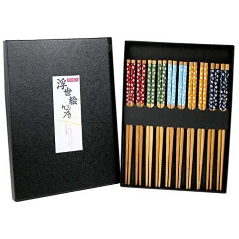 Set Exzact Bacchette Regalo 10 Accoppiamenti Dei Riutilizzabili Di Bamb Naturale Bacchette In Una Bella Scatola Nera A Mano - Decorato Stile Giapponese - Foto 1