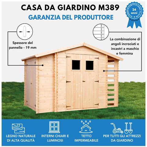 M389 Casetta Da Giardino In Legno Per Esterni Con Legnaia Con Pavimento Trattato- L206xl328xa218 Cm / 3,53 + 0,97+0,97 M2 - Foto 7
