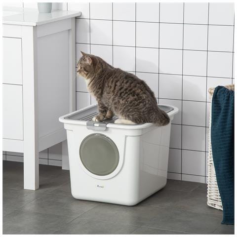 Lettiera per Gatti Chiusa a 2 Ingressi con Vassoio e Paletta, in Plastica PE, 44x55x39 cm, Bianco - Foto 2