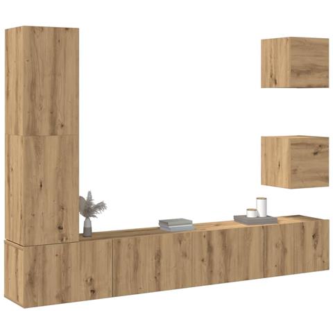 Set Mobile Tv 5 Pz Montato A Parete Rovere In Legno Multistrato - Foto 1