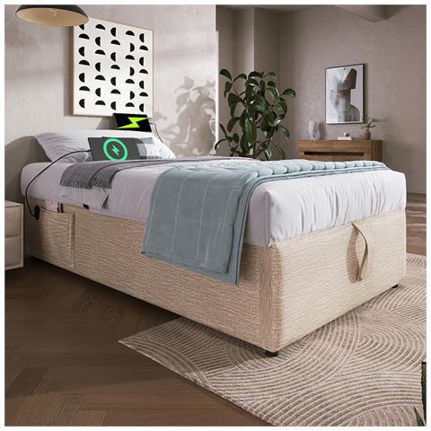Letto Contenitore Letto Imbottito Singolo 90×200 Cm, Senza Testata, Lino, Naturale, Senza Materasso - Foto 3