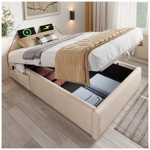 Letto Contenitore Letto Imbottito Singolo 90×200 Cm, Senza Testata, Lino, Naturale, Senza Materasso - Foto 1