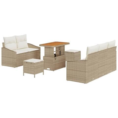 Set Divano da Giardino 8 Pezzi con Cuscini Beige Polirattan Acacia, Divano da Giardino 2 Posti con Cuscini Beige Polirattan, Set da Pranzo da Giardino 3 Pezzi con Cuscini Beige Polirattan Acacia - Foto 1