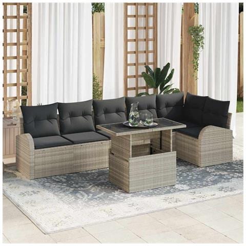 Set Divano Giardino 7 Pezzi con Cuscini Grigio Chiaro Polyrattan, Divano Giardino 2 Posti con Ripostiglio e Cuscini Grigio Chiaro Polyrattan - Foto 2