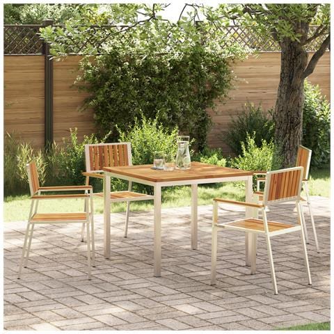 Set da Pranzo da Giardino 5 Pezzi in Legno Massello di Acacia, Tavolo da Pranzo all'aperto 90x90x74.5 cm in Legno Massello di Acacia, Sedie da Giardino impilabili 4 pezzi in Legno Massello di Acacia e Metallo - Foto 2