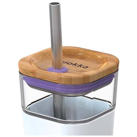 Bicchiere In Vetro 540 Ml Con Cannuccia Inox E Coperchio Bambù, Lilas - Foto 2