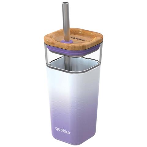 Bicchiere In Vetro 540 Ml Con Cannuccia Inox E Coperchio Bambù, Lilas - Foto 1