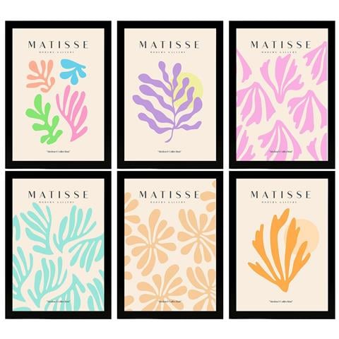 Set Di 6 Stampe Illustrazioni Artistiche Di Henri Matisse Collezione Di Colori Pastello Di Dipinti Decorativi Nella Galleria D'arte A3 Cornice Nera - Foto 1