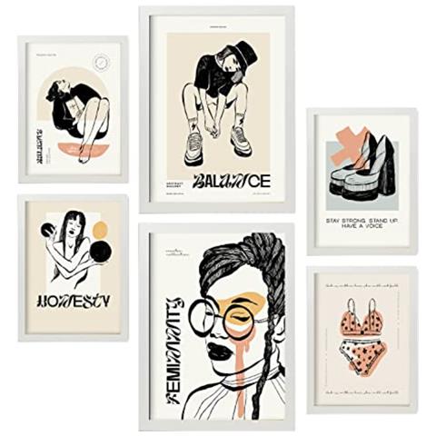 Set Di 6 Stampe Stampe Artistiche In Stile Schizzo Con Inchiostro Nero Per L'interior Design A3 & A4 Cornice Bianca - Foto 1