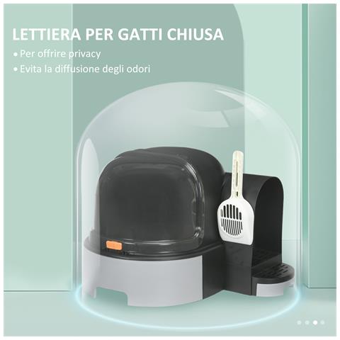 Lettiera per Gatti Chiusa con Coperchio, Vassoio Estraibile e Paletta, in PP e PC, 52x60x42 cm, Grigio Scuro - Foto 2