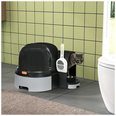 Lettiera per Gatti Chiusa con Coperchio, Vassoio Estraibile e Paletta, in PP e PC, 52x60x42 cm, Grigio Scuro - Foto 6