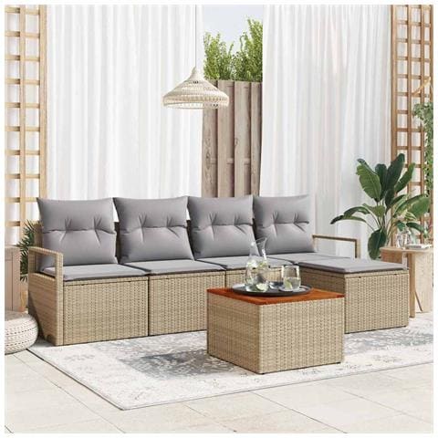 Set di divani da giardino a 6 pezzi  con cuscini beige polirattan acacia, Divano da giardino a 2 posti  con cuscini beige polirattan - Foto 2