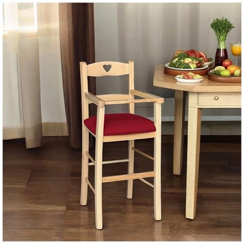 Seggiolone In Legno Color Naturale Con Seduta Imbottita In Similpelle Rosso - Foto 1