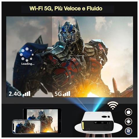 Videoproiettore Wi-fi 5g, Full Hd 1080p, 10000 Lumen, Mirroring Schermo, Risoluzione 4k Supportata, Rapporto Di Contrasto 20000:1, Schermo Massimo 300 Pollici - Foto 2