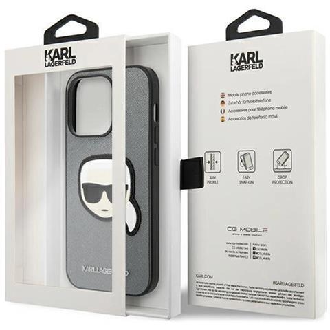 Karl Lagerfeld Klhcp14lsapkhg Custodia Iphone 14 Pro 6.1 Argento Saffiano Con Patch Testa Di Karl - Foto 1
