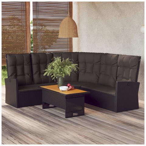 Divano Angolare Reclinabile Con Cuscini In Polyrattan Nero - Foto 6