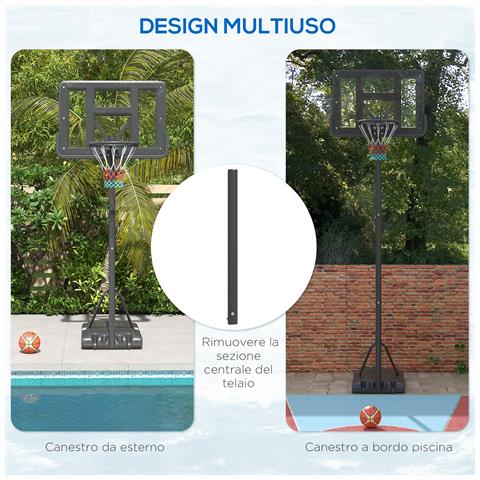 Canestro Basket Ad Altezza Regolabile Per Giardino E Piscina Con Base Riempibile, 110x75x195-370 Cm, Nero - Foto 2